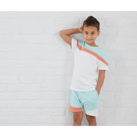 Embroidered personalised colour block shorts and T-shirt sets