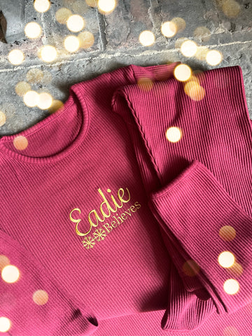 Luxury Childrens embroidered claret red and gold Christmas loungewear